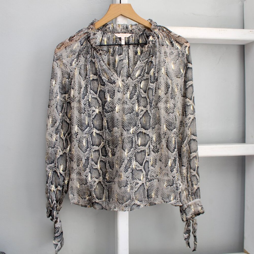 Rebecca Taylor Snake Print Metallic Black Silk Long Sleeve Blouse Top Size 0